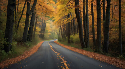 Naklejka premium Country road through colorful forest Fall foliage background