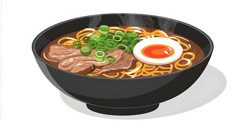 Cartoon bowl of ramen noodles with pork and egg. Image illustration of Tonkotsu Ramen Fresh and prepared Ramen noodle in broth
