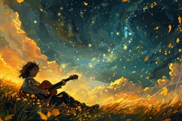 Ethereal Artwork of a Young Musician Playing Guitar Amidst Colorful Autumn Leaves and Starry Night
