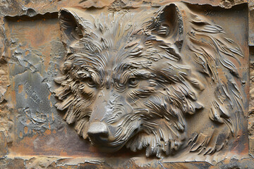 Metal carving of a wolf on the wall of a building, closeup of photo
