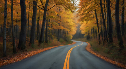 Naklejka premium Country road through colorful forest Fall foliage background