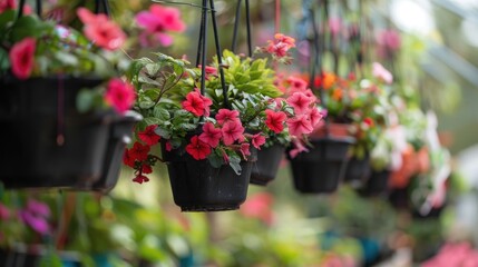 Hanging flower pots at a plant nursery
