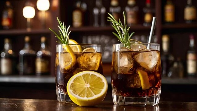 Two glasses of Cuba Libre cocktail with ice cubes and lemon on bar counter, Mixed drinks on counter,4k digital video created with generative ai.