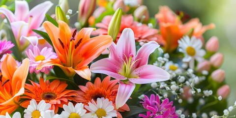 Bountiful bouquet showcasing a harmonious blend of various spring blooms A beautiful multicolored bouquet Bunch of flowers Selective focus.

