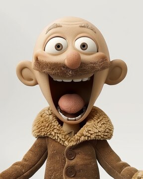 Happy old bald man puppet with a mustache, volume plush toy from fabric