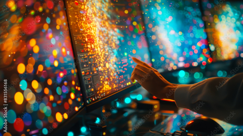 Poster a person is typing on a computer with a monitor displaying a colorful, swirling pattern. concept of 