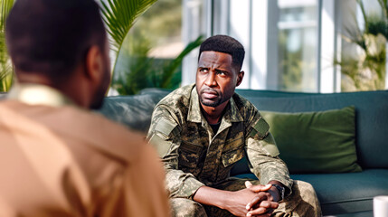 An African American male soldier shares his concerns in a therapy session. Soft indoor lighting sets a thoughtful mood. Concept of veterans seeking psychological support. Banner. Copy space