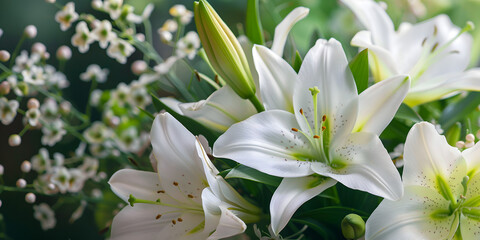 Gorgeous bouquet of white lilies and carnations flowers. A single flower blossom wet with dew symbolizes love White Lilly flower with Water drop in garden.