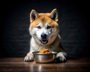 Akita dog sitting on a dark smoky background and eating from a bowl.