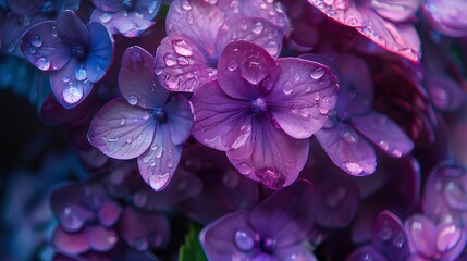 A closeup of purple hydrangea flowers with dew drops, creating an enchanting and romantic atmosphere. The petals shimmer in the light as raindrops dance on their surface, adding to its dreamy allure.