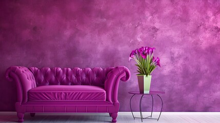 The wall is painted in a purple color. The wall is empty and clean with no decoration on it. There is an elegant sofa with a pink flower pot near the wall. 