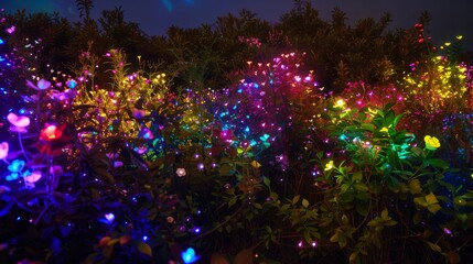 A dense thicket of bioluminescent bushes and flowers weaves a dazzling, vibrant tapestry of light.