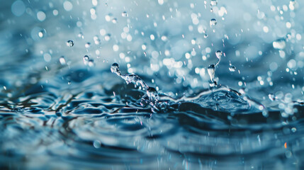 Water splash background, water droplets flying in the air, blue color tone, macro photography of ocean waves with splashes and ripples