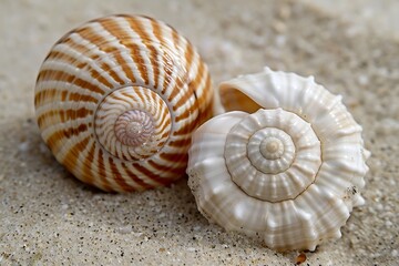 A close-up of two different seashells on a sandy beach, with intricate patterns whispering secrets.