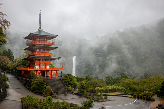 Seiganto-ji Temple Pagoda with Nachi Falls behind on Kumano Kodo hiking trail, April, Japan