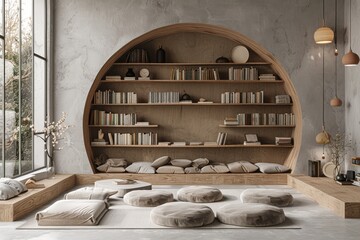 Cozy library nook with built in shelves and plush seating, creating an intimate and inviting space perfect for reading and relaxation