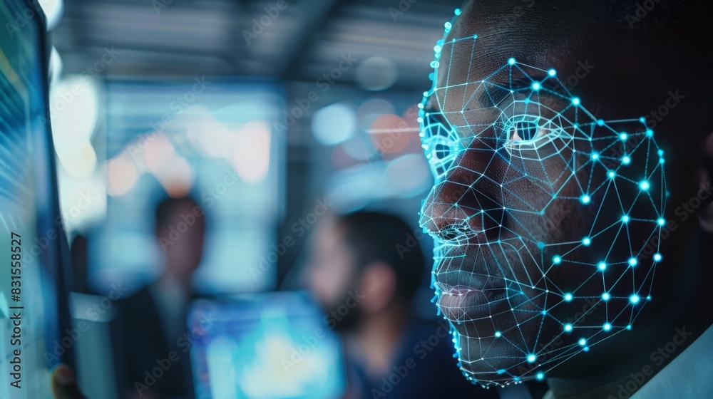 Poster Profile of a person with facial recognition points in a high-tech environment. Showcases surveillance technology and data analysis.