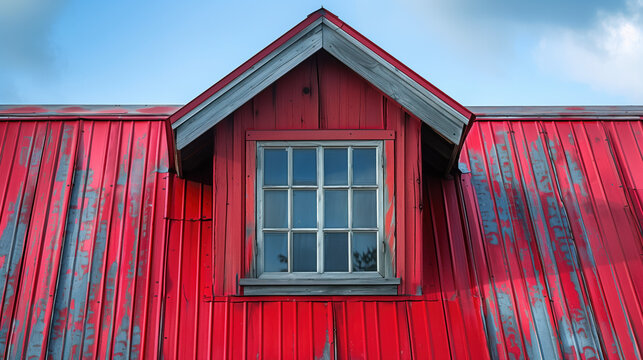 Vintage red barn with a rustic roof and window