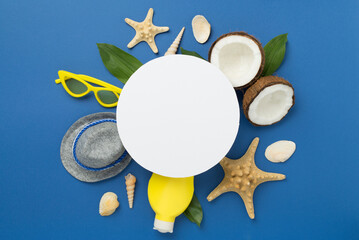 Summer banner with coconut and sea shells on color background. Vacation concept