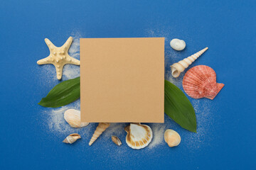 Summer banner with coconut and sea shells on color background. Vacation concept