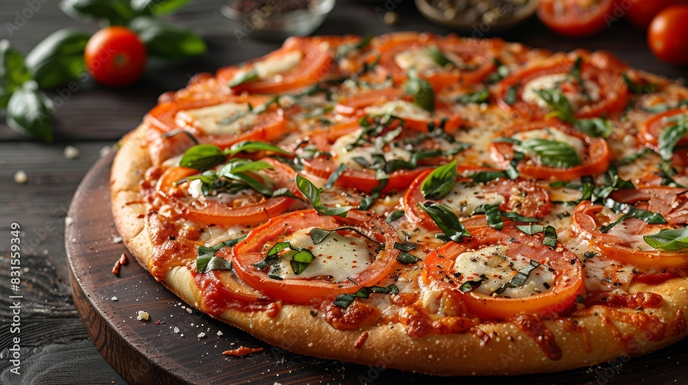 Poster italian cuisine, savor a mouthwatering margherita pizza with ripe tomatoes, gooey mozzarella, and fragrant basil on a crispy thin crust a classic italian delight