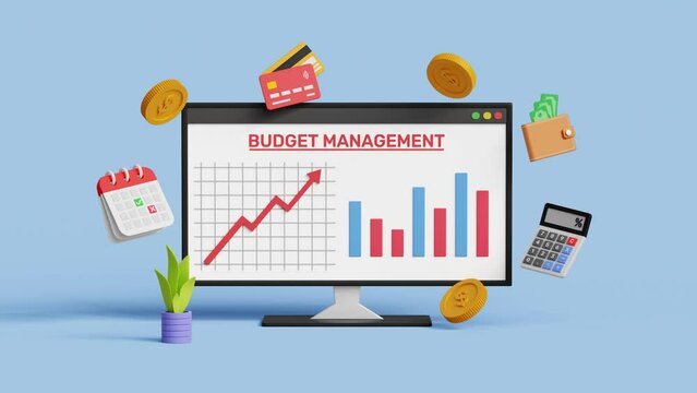 Budget management, financial control, dates, finance, personal budget, expense sheet and loan concept. Divide expenditure items. 3D computer screen with budget planning items. 4k 3d loop animation