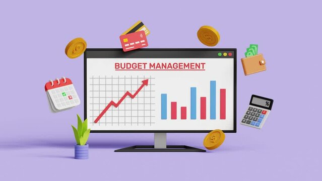 Budget management, financial control, dates, finance, personal budget, expense sheet and loan concept. Divide expenditure items. 3D computer screen with budget planning items. 4k 3d loop animation