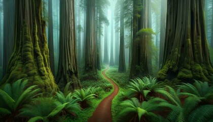 Misty Forest Path Through Redwood Trees
