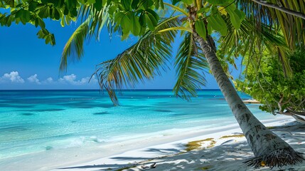 Tropical beach with palm trees and turquoise sea. Ideal for travel guides and vacation ads. Stunning paradise scenery. AI