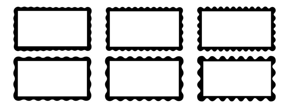 Set of rectangle frames with wavy edges. Rectangular frameworks with scallop borders. Mirror, picture or photo borders, empty text boxes or banners, tags or labels. Vector graphic illustration.