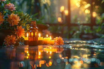 A serene spa scene with candles and essential oils. Concept of relaxation and wellness. Generative Ai.