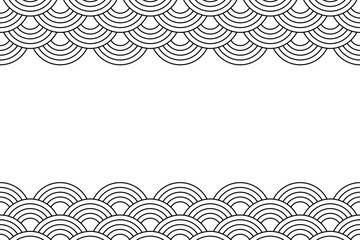 Banner template with oriental ornament with circle shapes and blank space. Waves background. Black and white seigaiha pattern. Scallops print. Fish squama or dragon scale. Vector outline illustration.