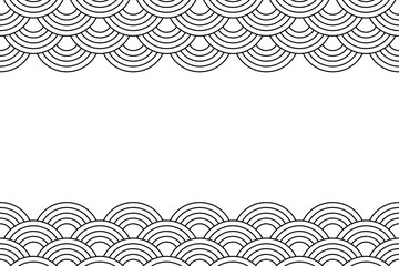 Banner template with oriental ornament with circle shapes and blank space. Waves background. Black and white seigaiha pattern. Scallops print. Fish squama or dragon scale. Vector outline illustration.