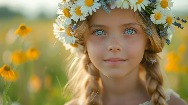summer solstice celebration, a girl wearing a floral crown of daisies and lavender, embodying summer solstice traditions and celebrations