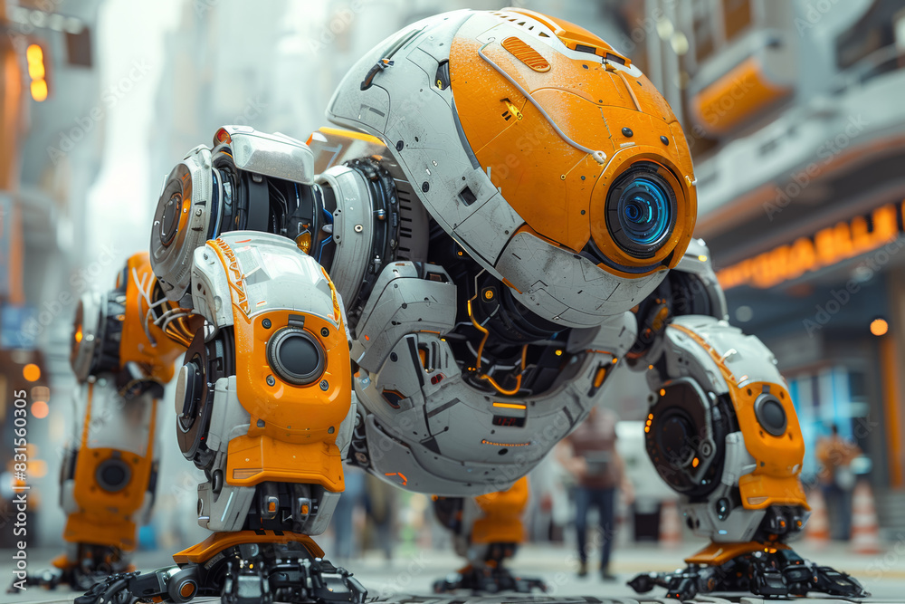 Poster engineers working on a complex robotic project. concept of innovation and technological advancement.