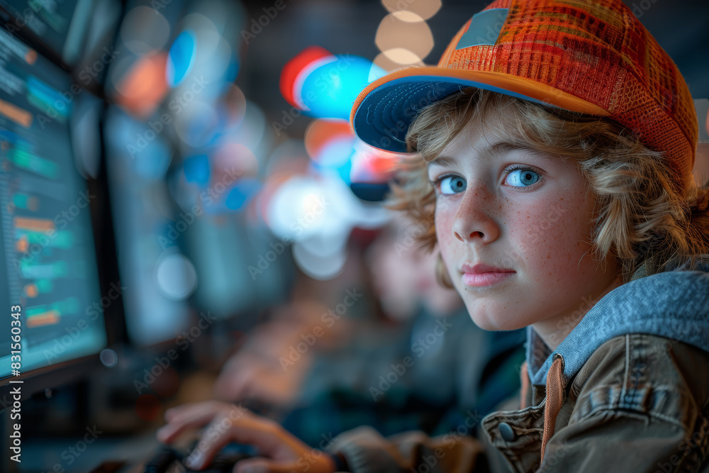Poster children learning to code in a computer science class. concept of education and future skills. gener