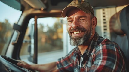 Closeup of Smiling Truck Driver with beard and Hands on Steering Wheel