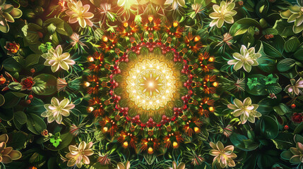 Mandala of a big kaleidoscope with flowers, leaves and green plants, symmetrical composition, high resolution