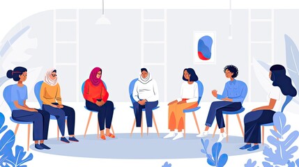 A group of women sitting in chairs in a room. The chairs are arranged in a circle. The women are talking to each other