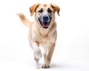 Anatolian Shepherd dog running on a plain white background and looking at the camera.