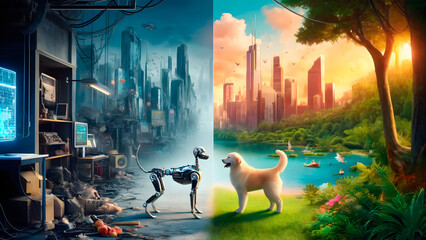 Robotic Dog vs Real Dog: Dystopian vs Utopian Future. Technological Challenge.