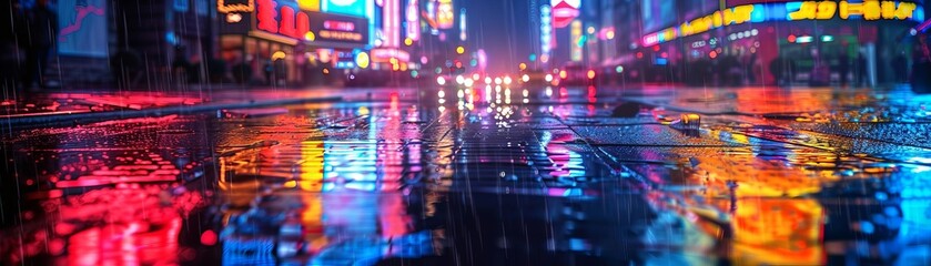 Colorful neon light signs reflecting on wet pavement in a rainy city night, capturing the glow and vibrancy of urban life