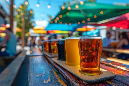 Craft beer festival with colorful tents, lively crowds, and a wide array of unique beers being sampled in a festive outdoor setting