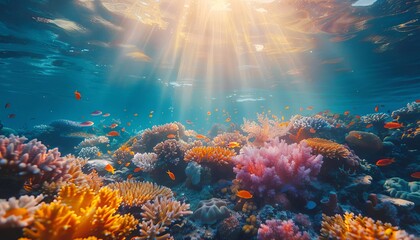 Obraz premium Dramatic underwater view of a coral reef at sunrise, with rays of light penetrating the water and illuminating the vivid coral and marine life below