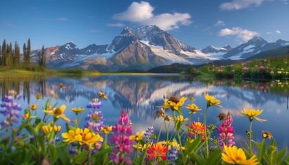 Dramatic mountain range reflected in a pristine glacial lake, with soft morning mist and vibrant wildflowers in the foreground