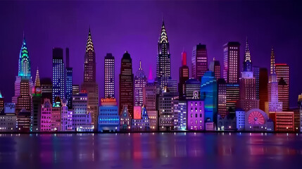 A vibrant cityscape blending 2D and 3D buildings, featuring neon colors and AR holograms.