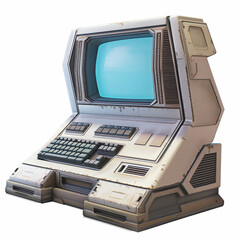 Vintage style old computer terminal with a blank blue screen commonly associated with retro technology Game Art concept isolated on white background