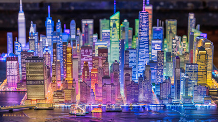 A vibrant cityscape blending 2D and 3D buildings, featuring neon colors and AR holograms.