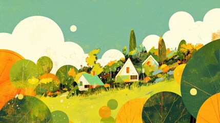 A 2d illustration showcasing three houses set against a backdrop of lush green circles in the landscape