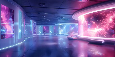 Museum with futuristic holographic displays and interactive exhibits in a conceptual setting. Concept Futuristic Technology, Interactive Exhibits, Holographic Displays, Conceptual Setting